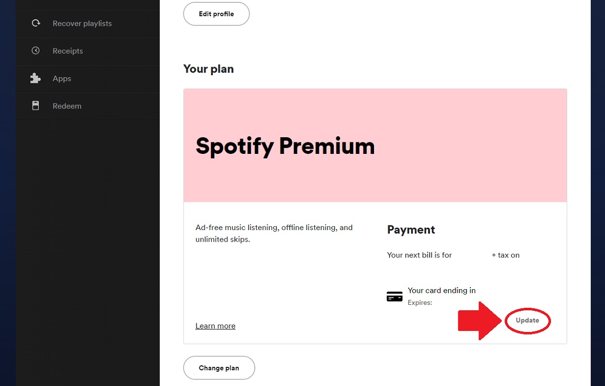 cambiare il metodo di pagamento screenshot di spotify